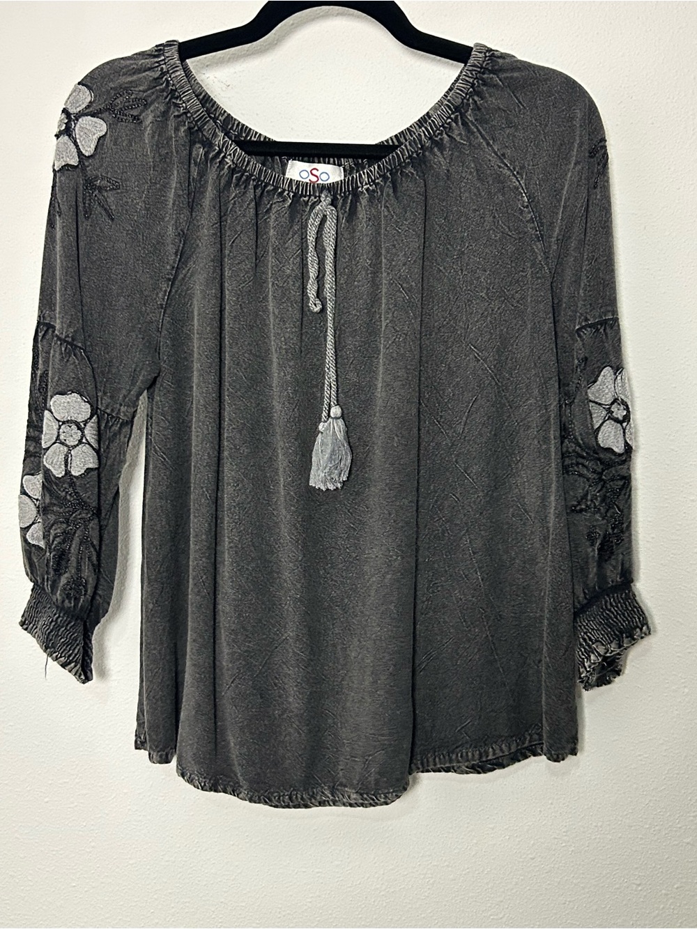 oSO Washed Charcoal Embroidered Top